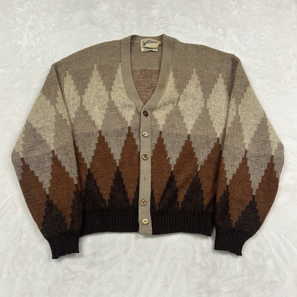 Sportswear Cardigan Sweater Mens L Brown Argyle Mohair Wool Vintage Distressed